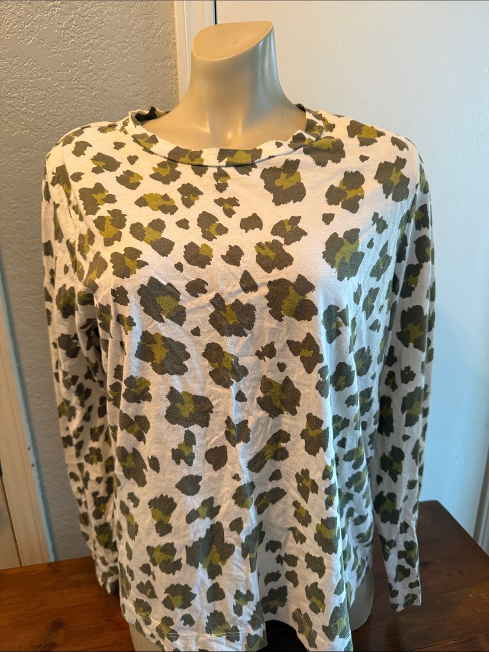 LOFT White Long-Sleeve Shirt with Olive Green Leopard Spots